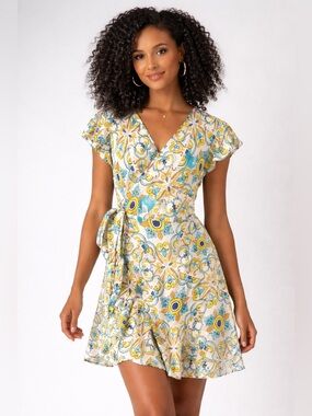Luiselle Floral Wrap Mini Dress in white, Yellow & Teal size Medium